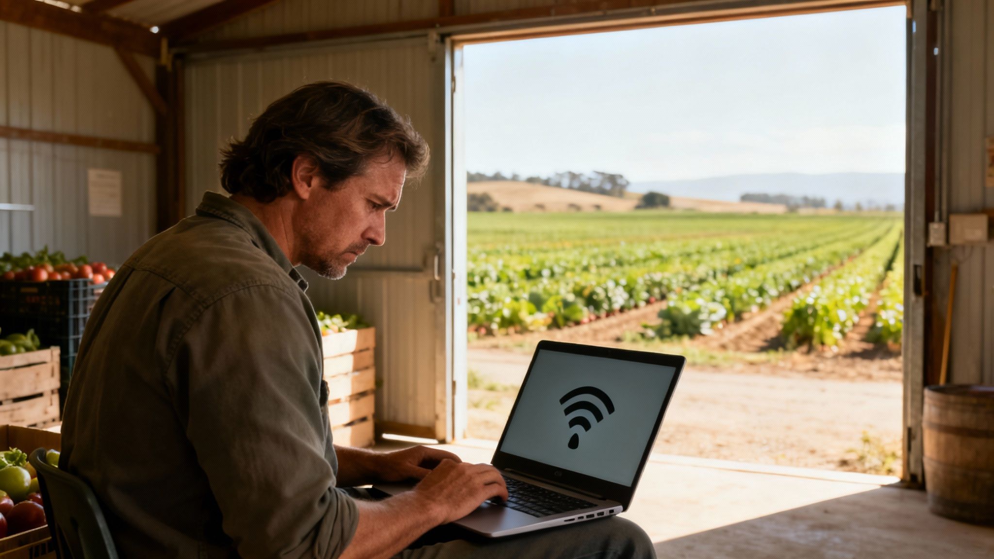 A farmer uses a laptop with a Wi-Fi signal inside a barn, overlooking vibrant crop fields.