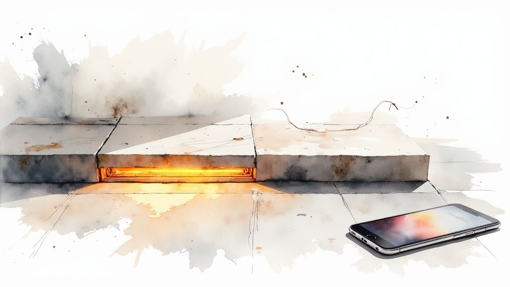 A watercolor painting depicts concrete slabs with a warm orange glow and a smartphone.