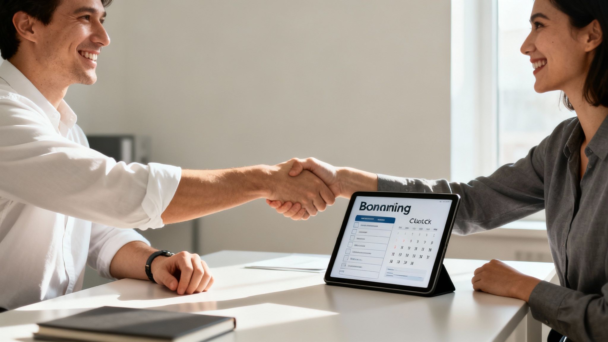 Two smiling business professionals shake hands across a table with a tablet displaying a scheduling app.