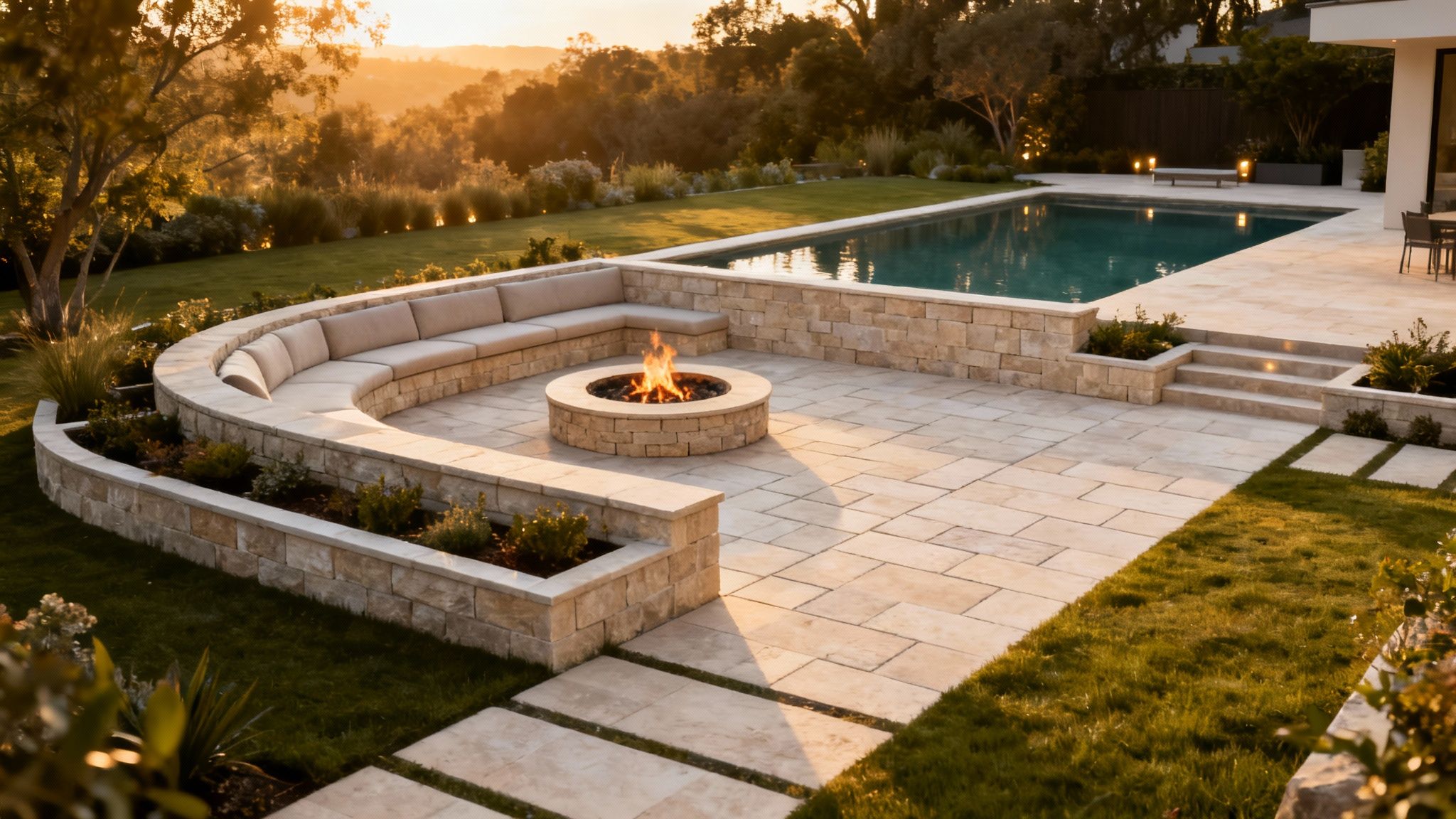 A luxurious backyard patio at sunset featuring a stone fire pit, curved seating, and a swimming pool.