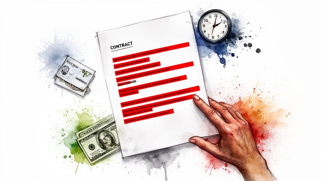 A contract document with redacted text, money, a clock, and a human hand, on a watercolor background.