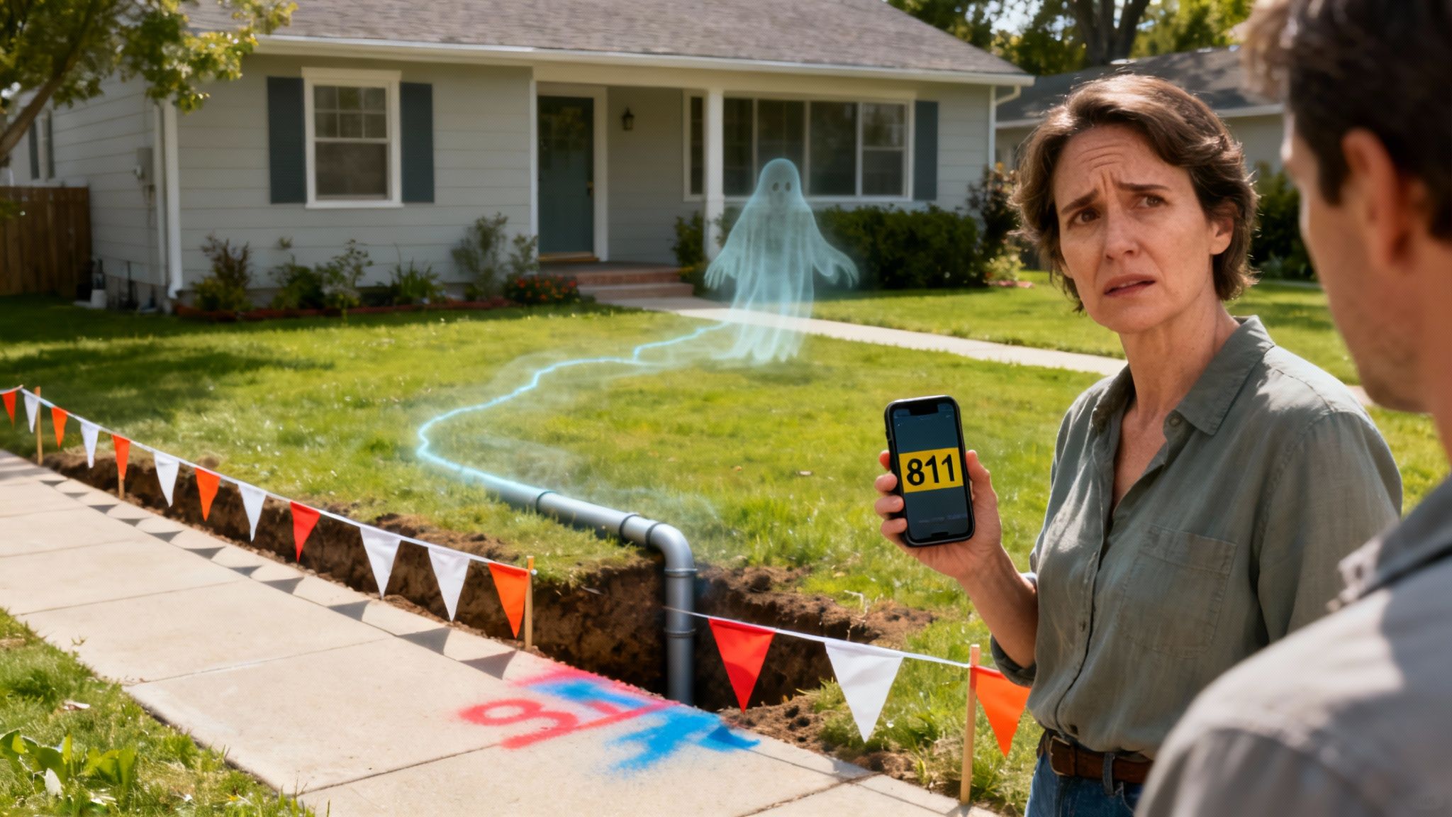 Who Owns That Pipe? Property Lines and Underground Utilities 2 Woman calling 811 utility locator service before digging near marked underground utility lines in residential yard