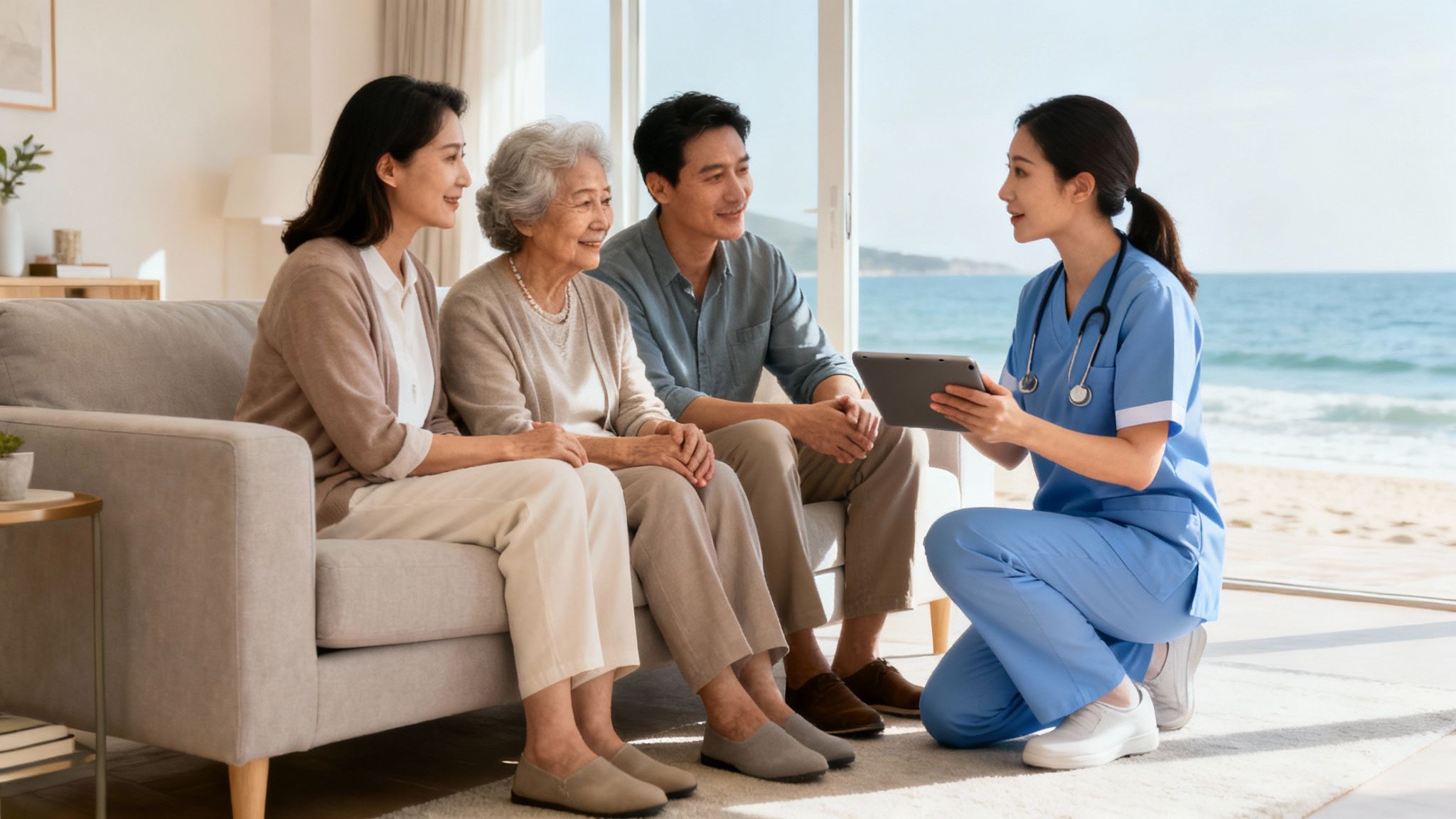 A nurse with a tablet consults an elderly woman and a couple sitting on a couch, overlooking a beach.