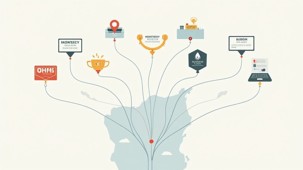 Mind map illustration showing Monterey business connections including OHMS logo, trophies, and digital marketing elements