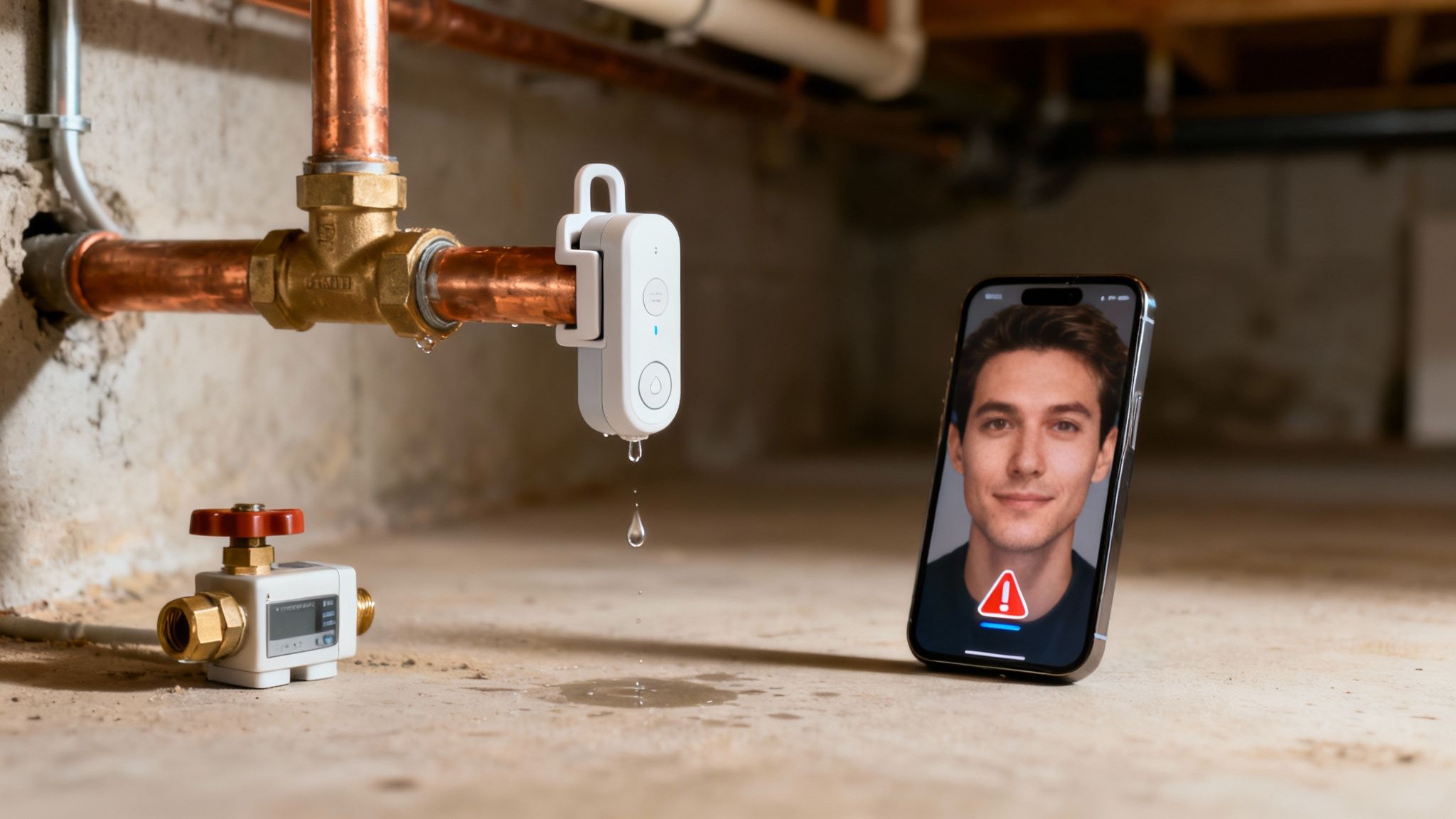 Smart leak detection sensor on a copper pipe dripping water, with smartphone displaying a leak alert.