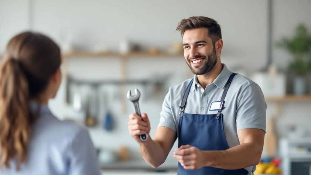 An employee at a hardware store provides expert advice to a customer.