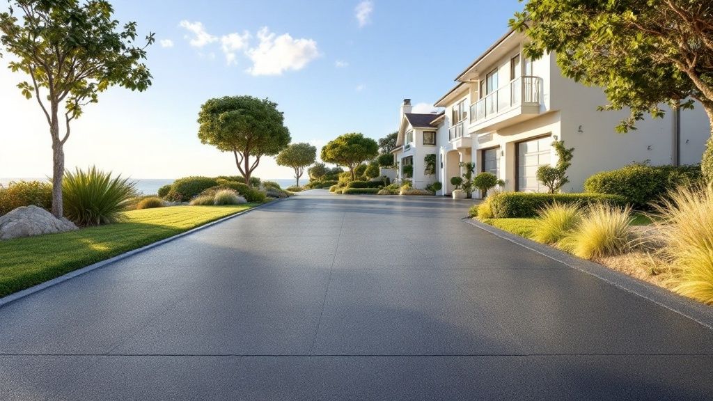 A newly paved asphalt driveway in a residential area, highlighting a smooth, long-lasting surface.
