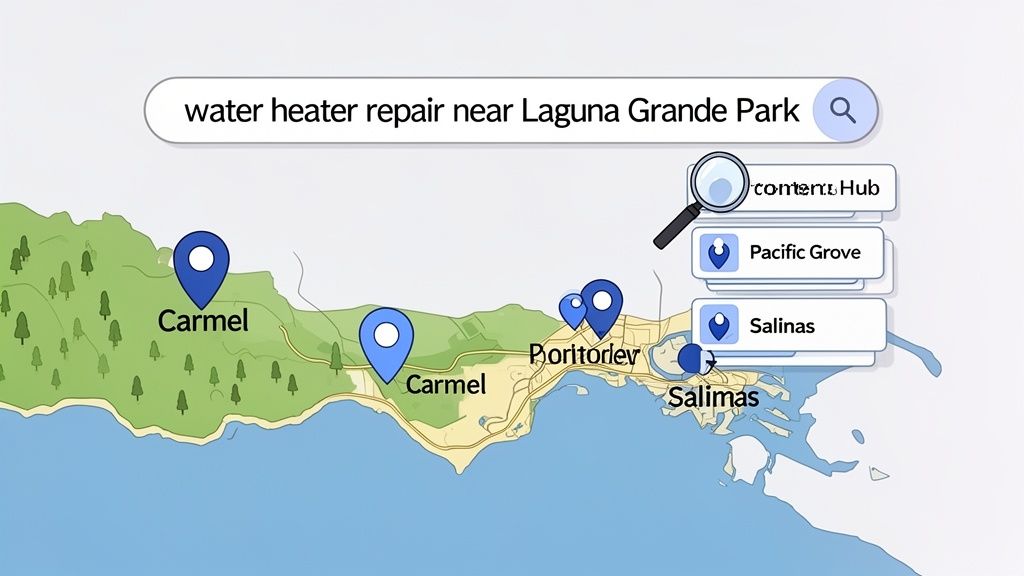 Map displaying search results for 'water heater repair near Laguna Grande Park', showing locations like Carmel and Salinas.