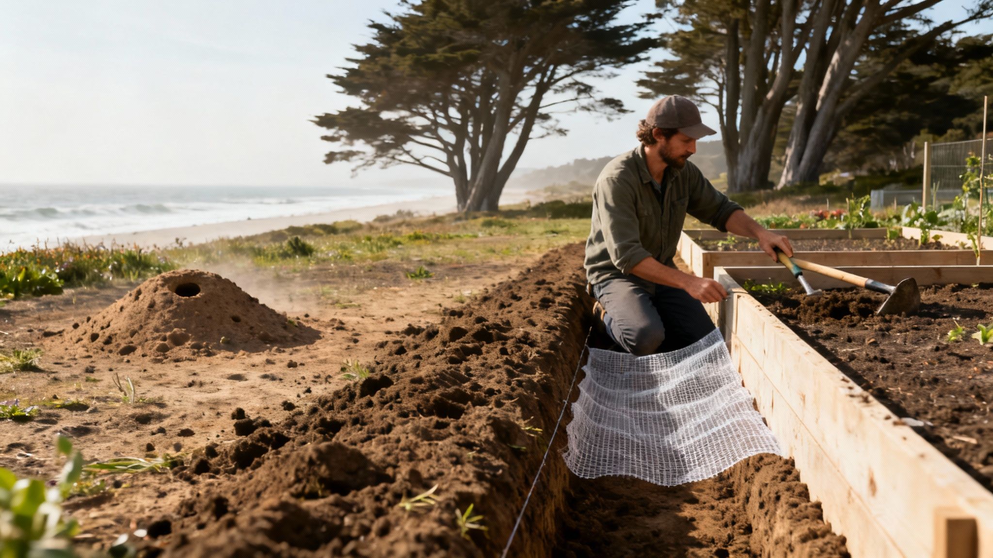 A man kneeling, laying a white mesh in a garden trench next to raised beds, with a beach in the background.