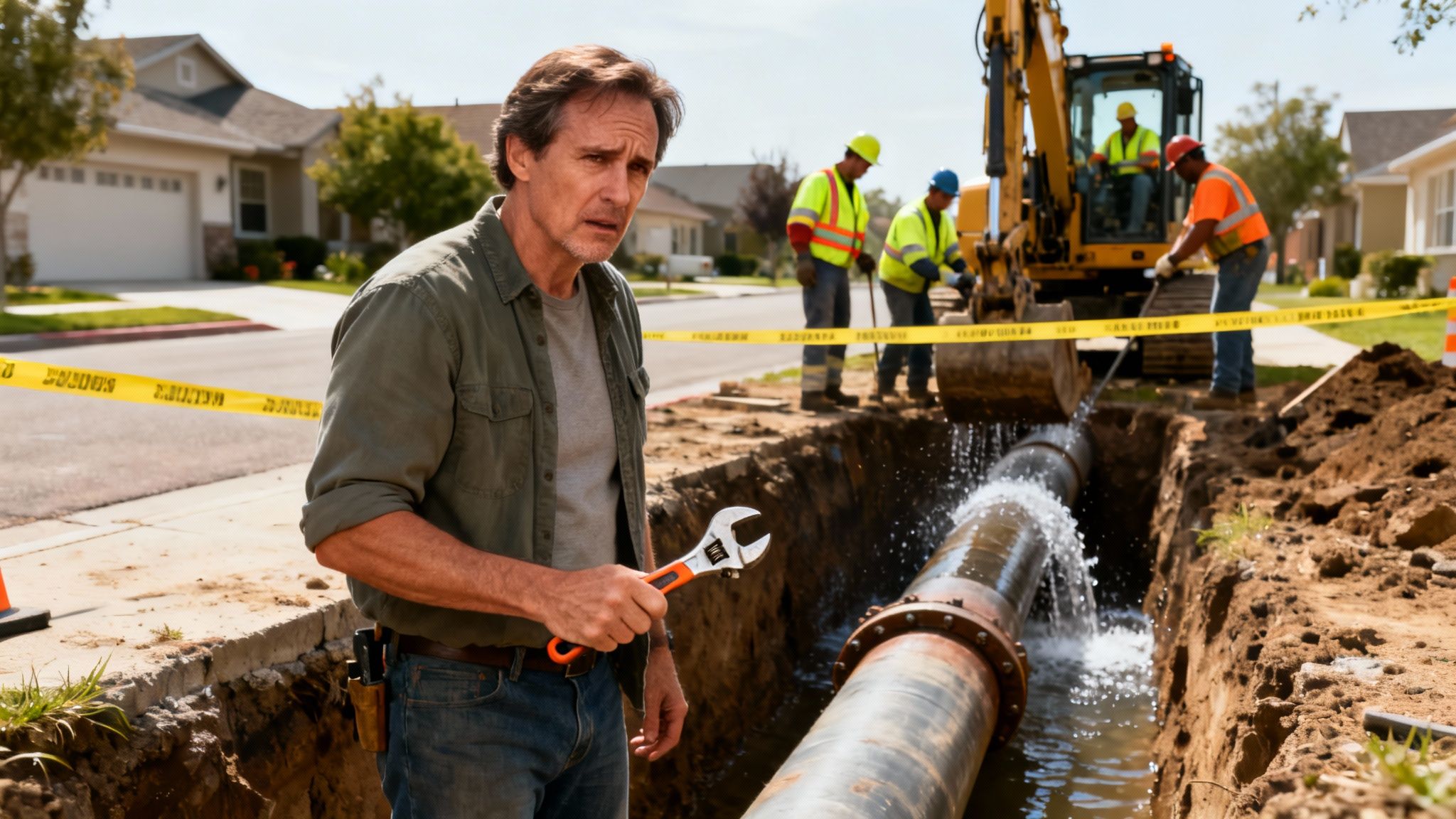 A concerned man with a wrench stands by a burst water main with construction workers and an excavator in the background.