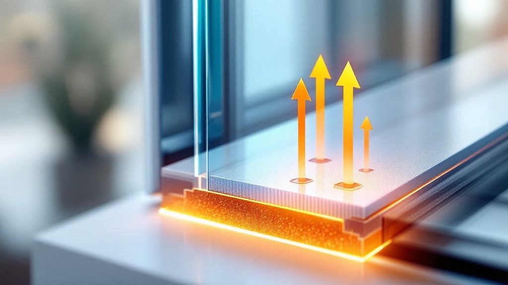 A detailed illustration showing how Low-E coating on a window reflects heat in the summer and retains it in the winter.