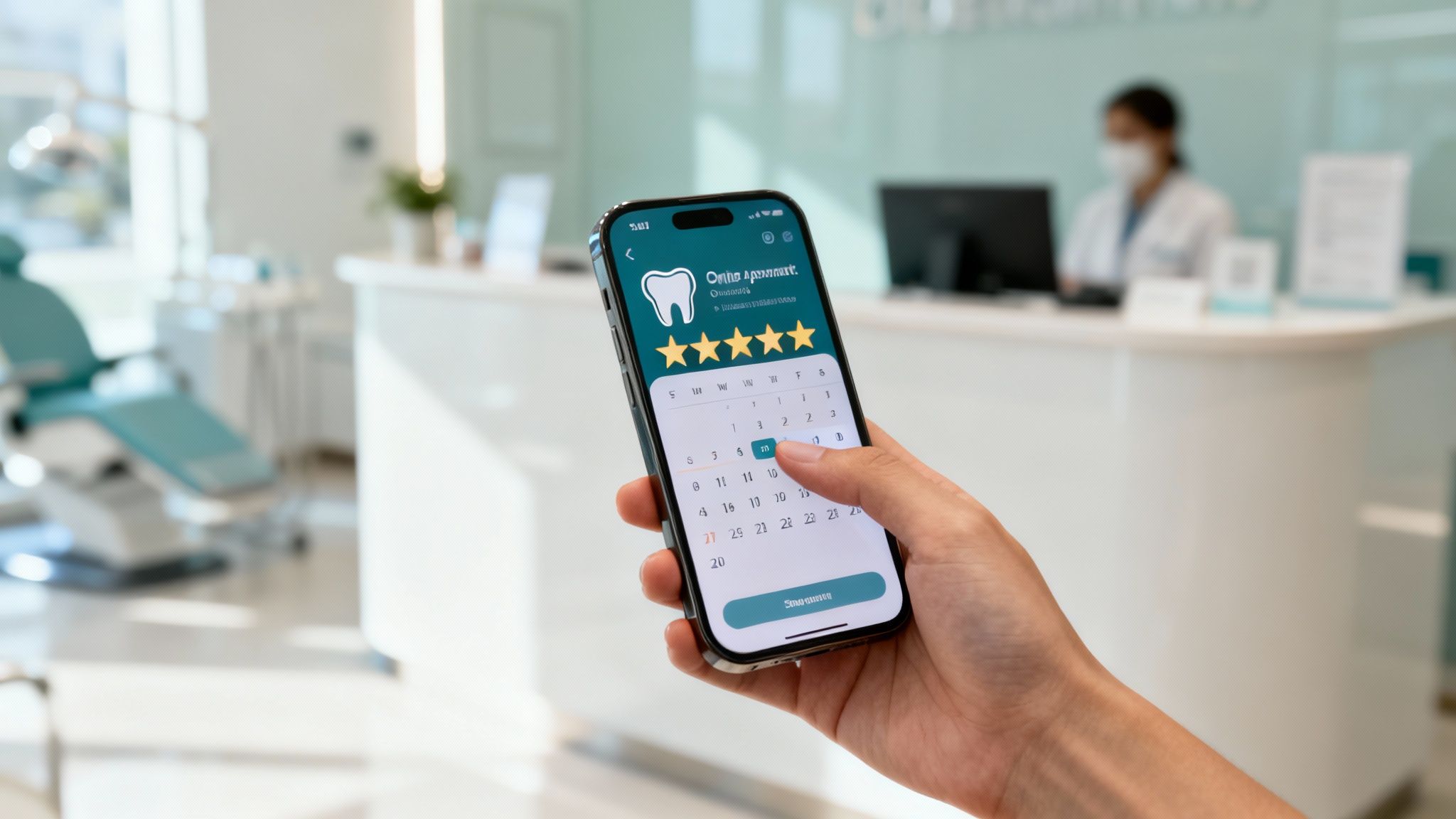 A hand holds a smartphone displaying a dental appointment app with a calendar in a bright clinic.
