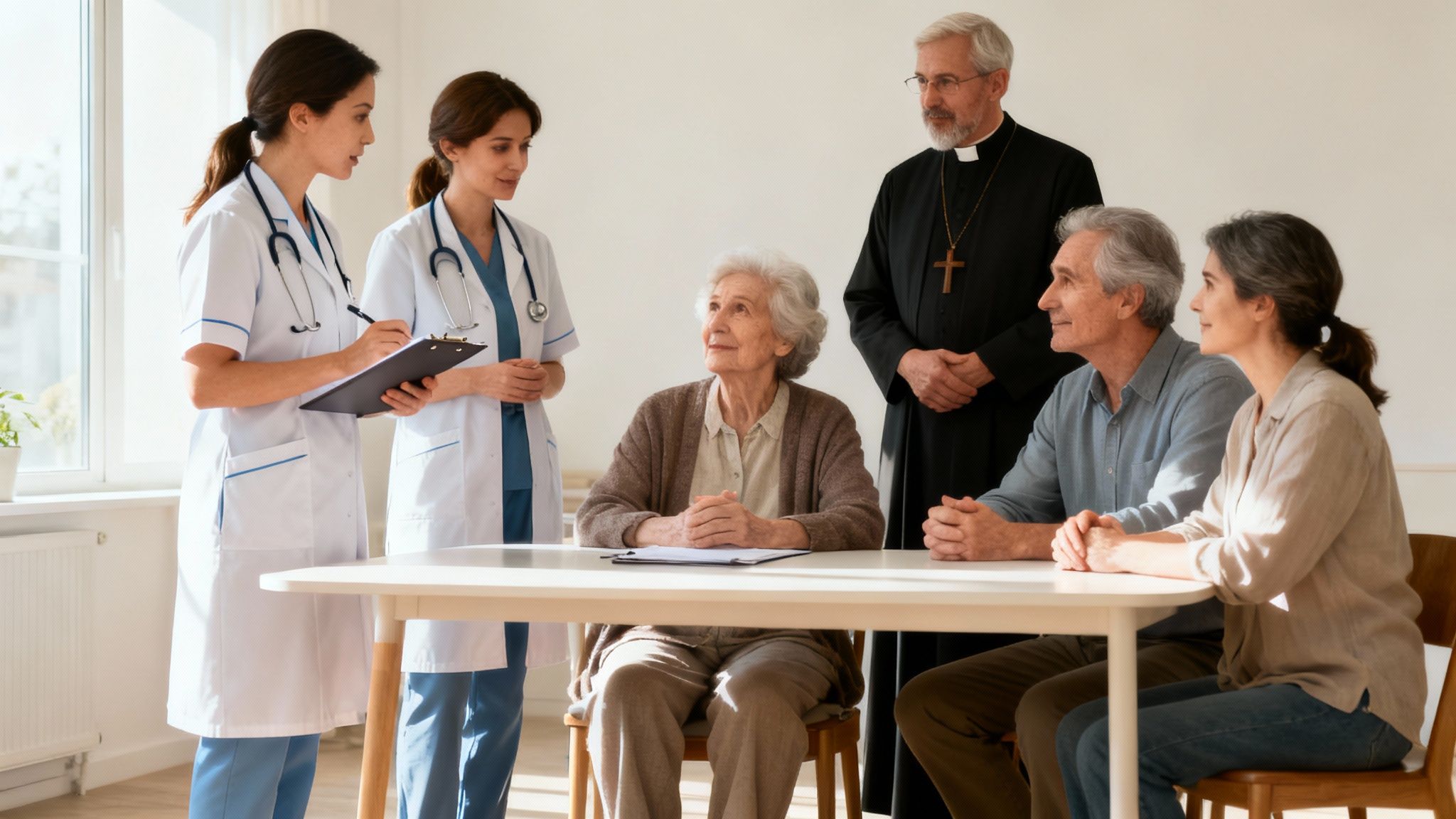 Doctors consult with an elderly woman, a couple, and a priest at a table.