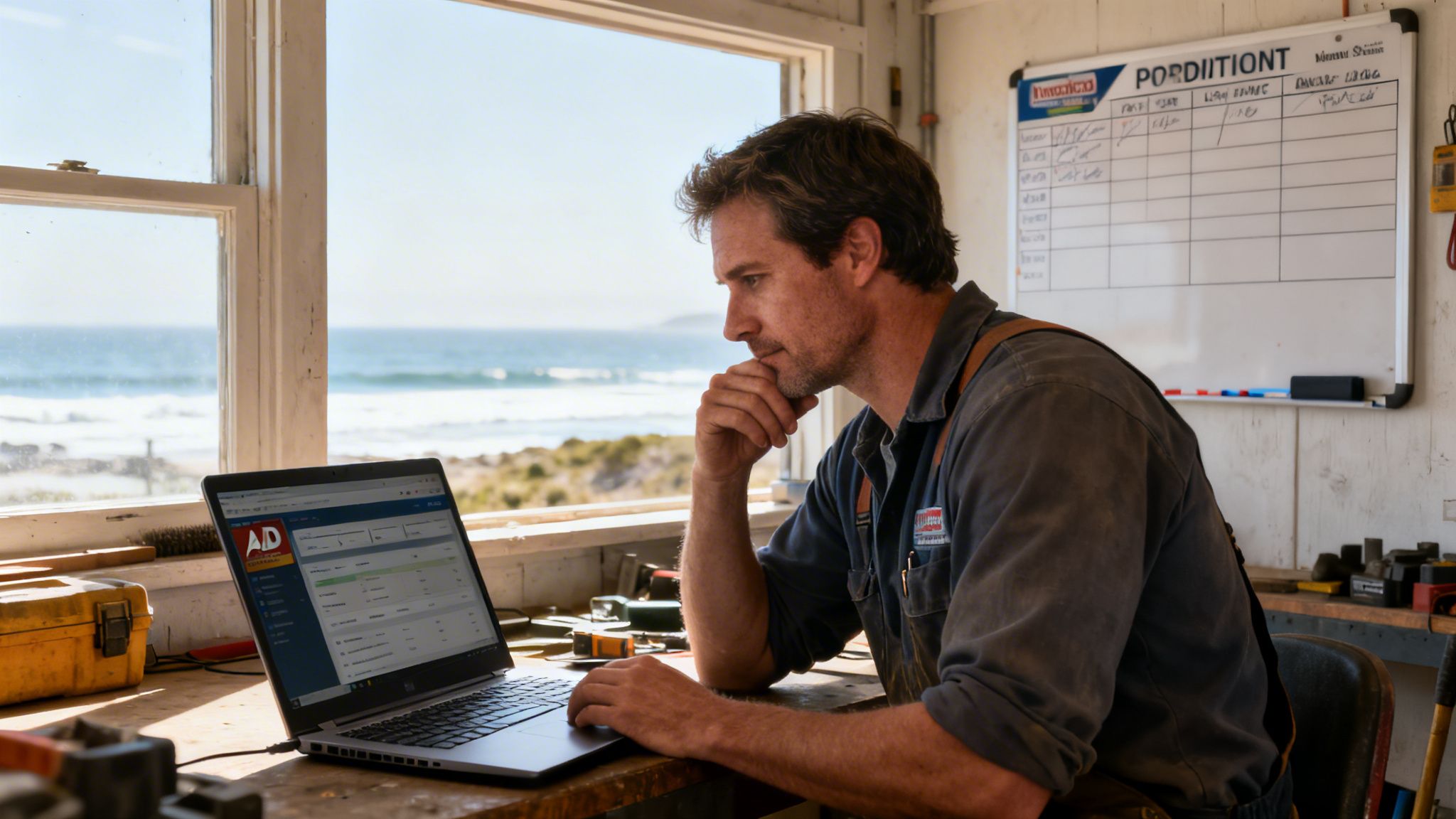 A man in work clothes uses a laptop at a desk with an an ocean view in the background.