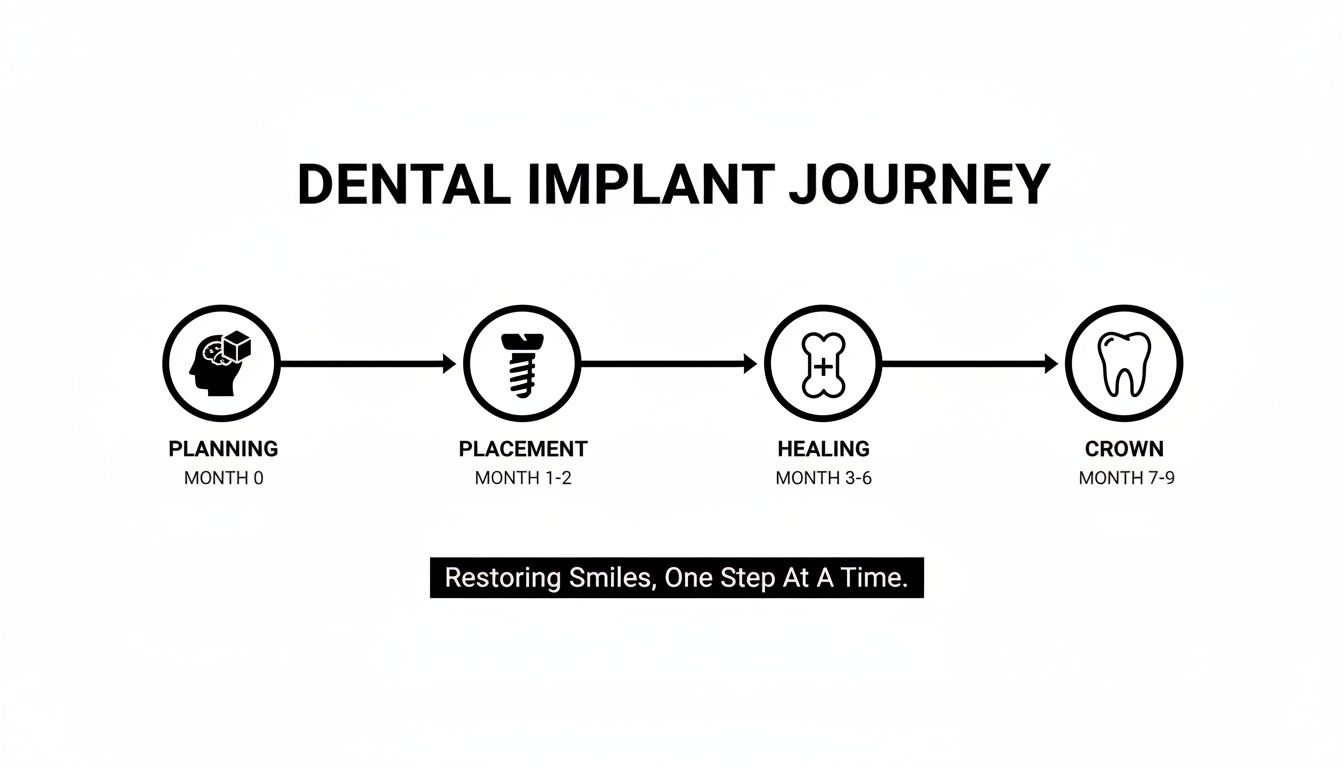 A visual timeline illustrating the four stages of a dental implant journey, from planning to crown.