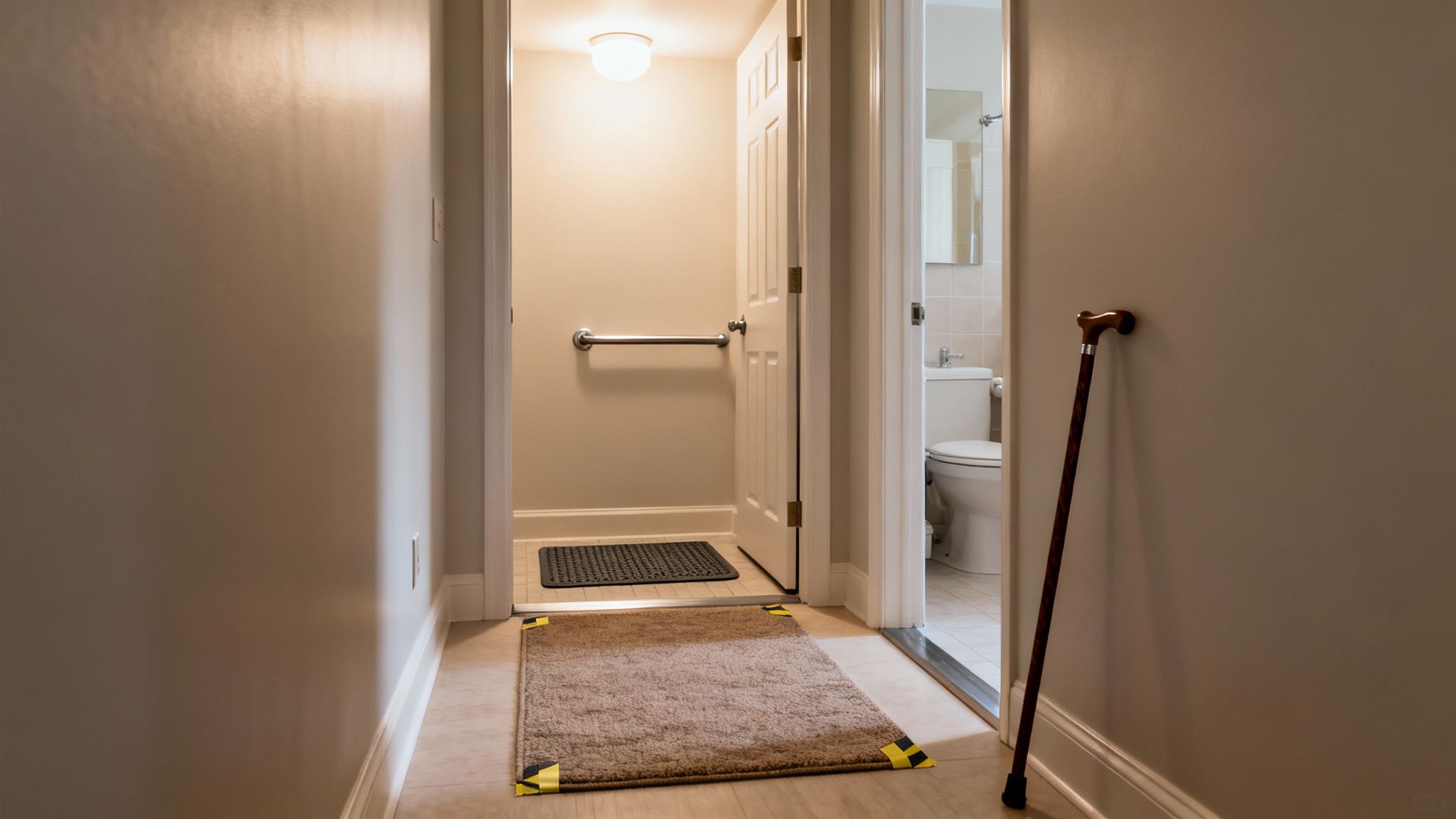 Inside a home, a hallway leads to an accessible bathroom with a grab bar. A cane leans nearby.