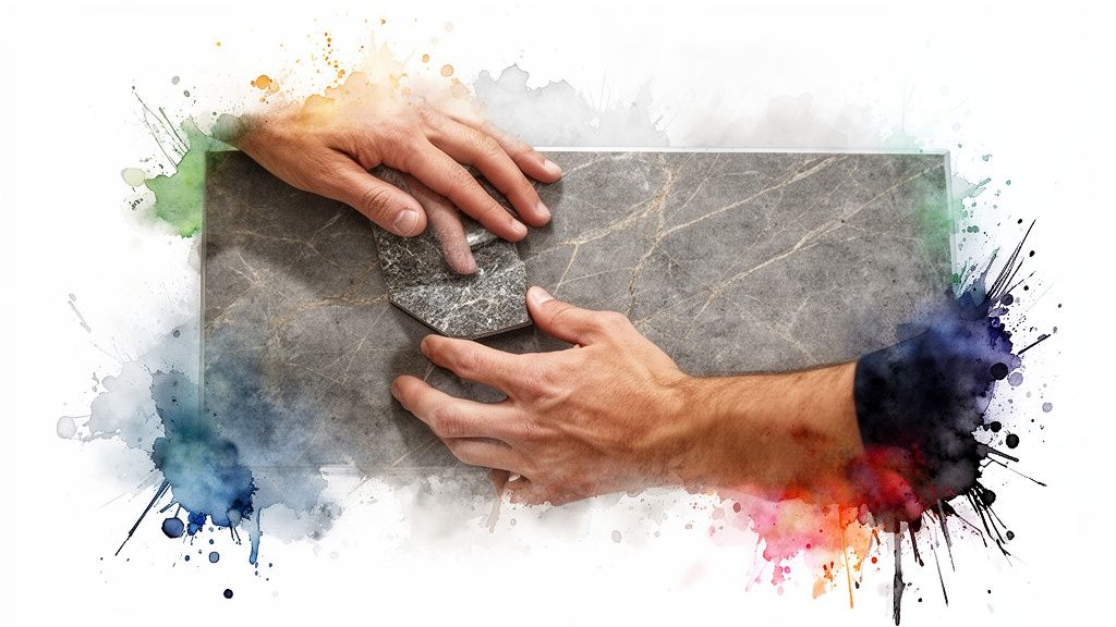 Two hands arranging a small stone sample on a larger gray marble slab with colorful watercolor splashes.