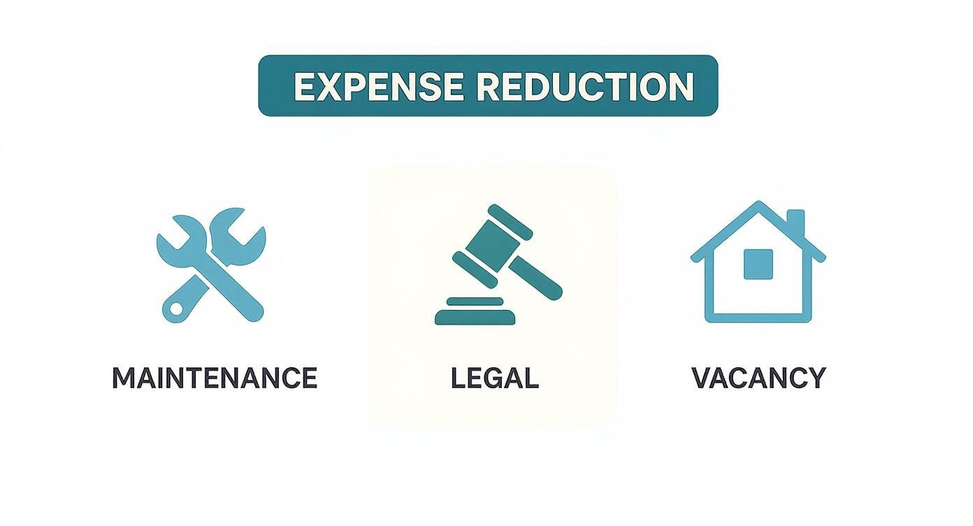 Infographic comparing expense reduction in maintenance, legal, and vacancy costs between self-managed and professionally managed properties.