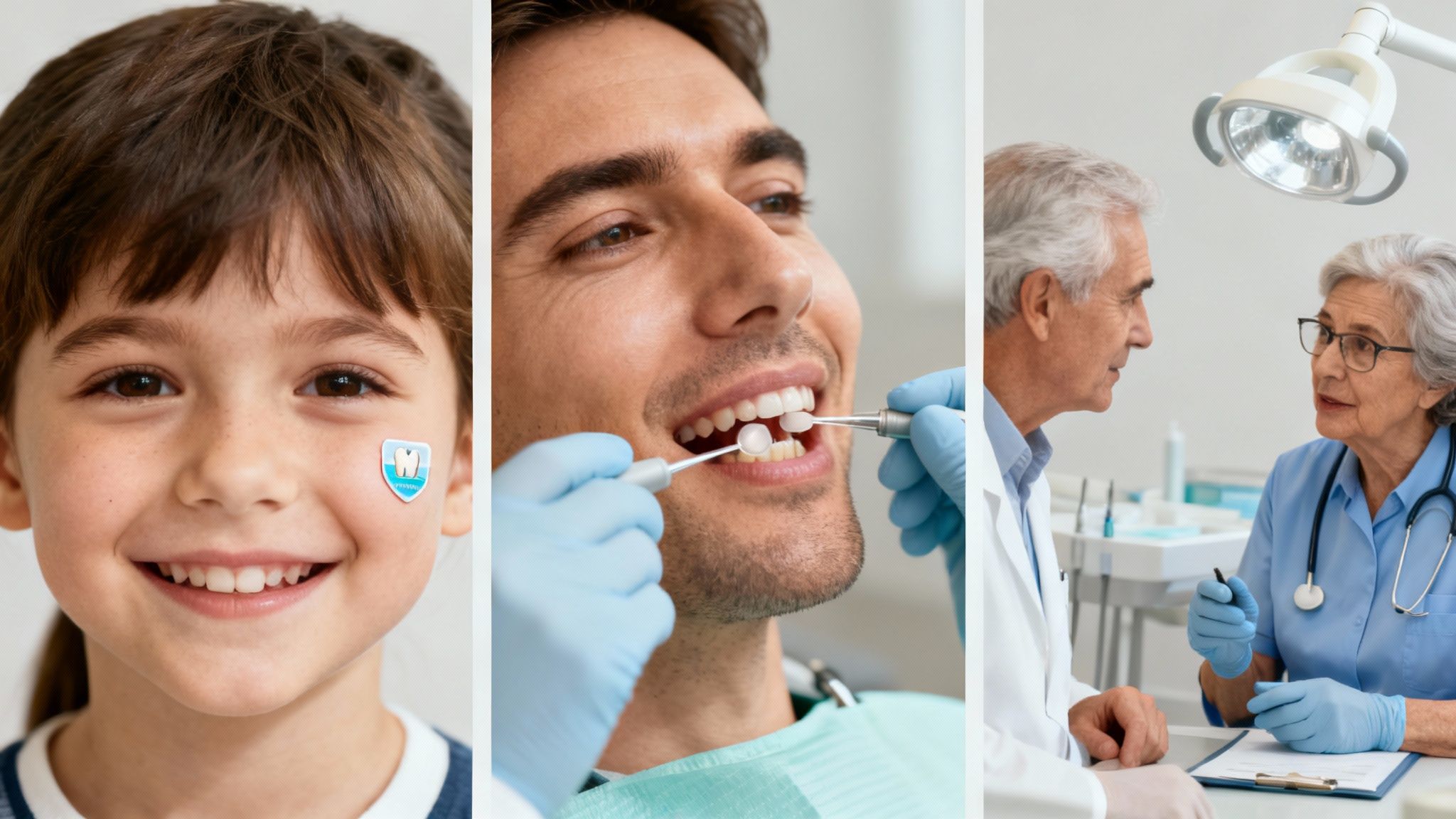 Three generations receiving professional dental care services from qualified dentists in modern clinic setting