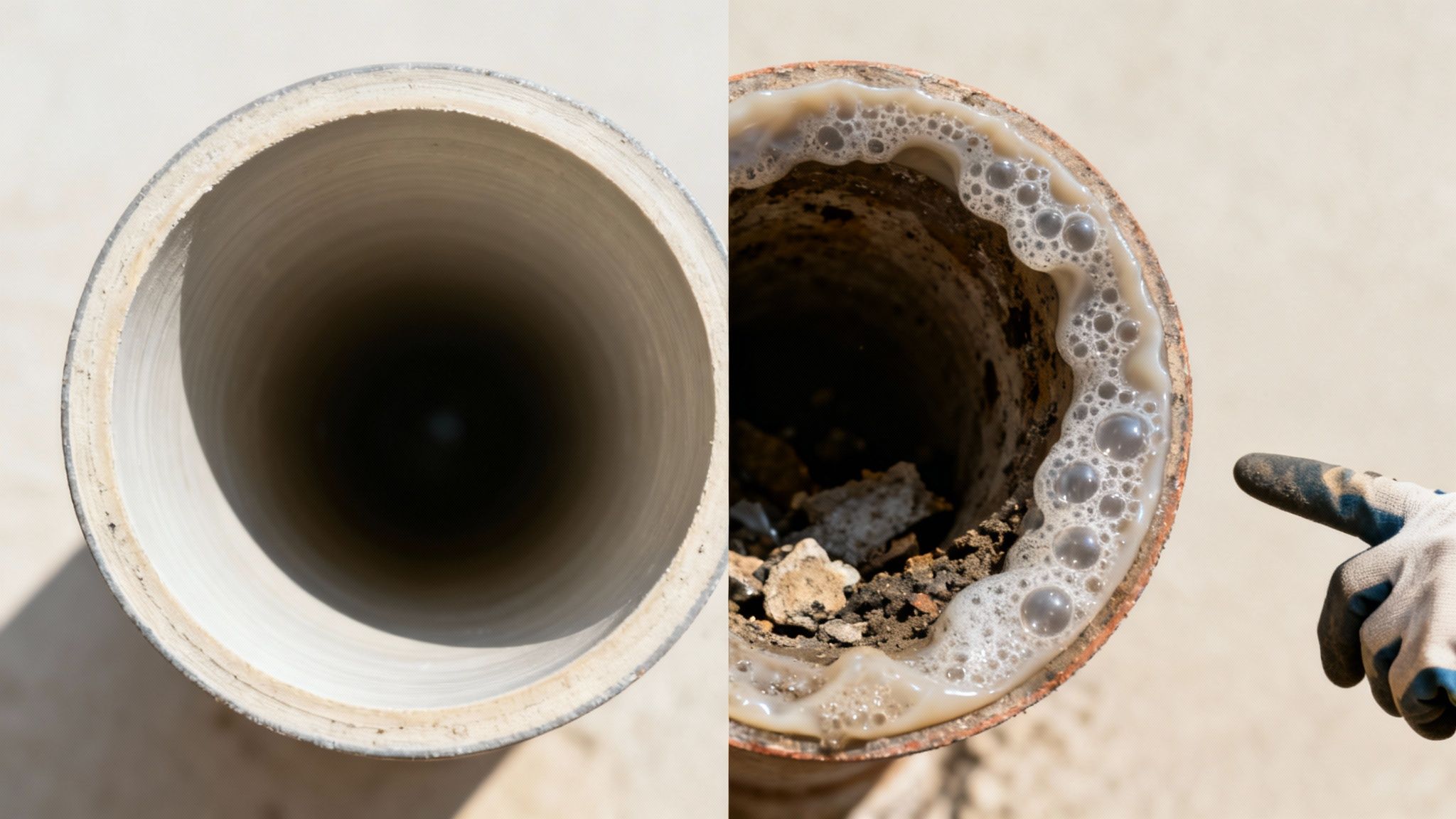 Split image showing a clean, clear pipe and a dirty, clogged pipe with foamy liquid and debris.