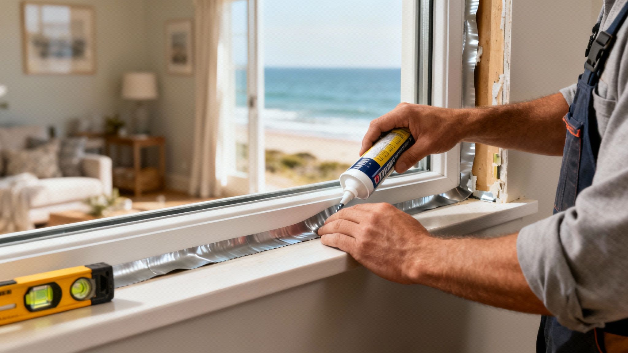 Professional installer carefully sealing a newly installed window frame.