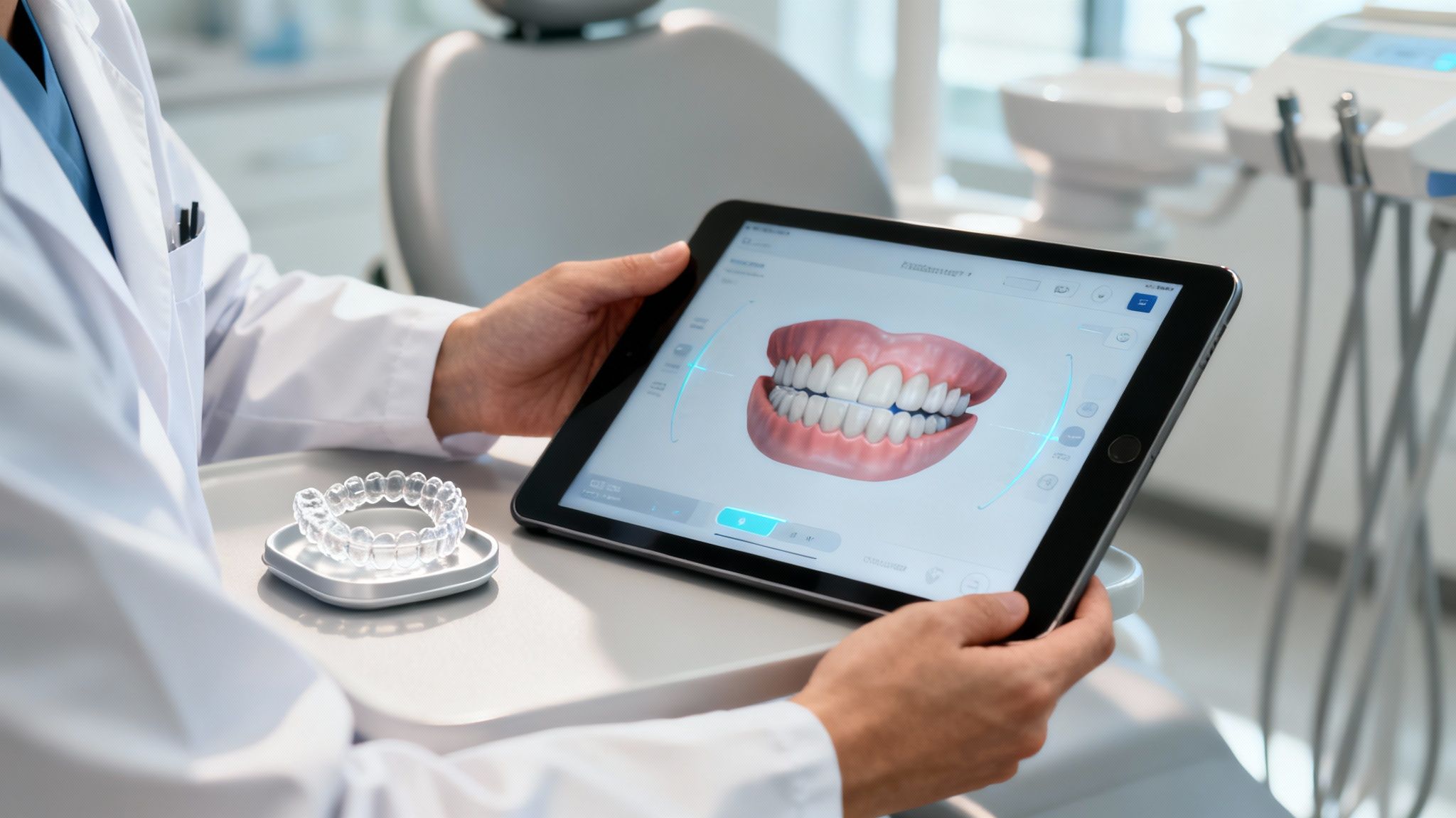 Dentist holding tablet displaying digital smile design with clear aligners on desk in modern clinic