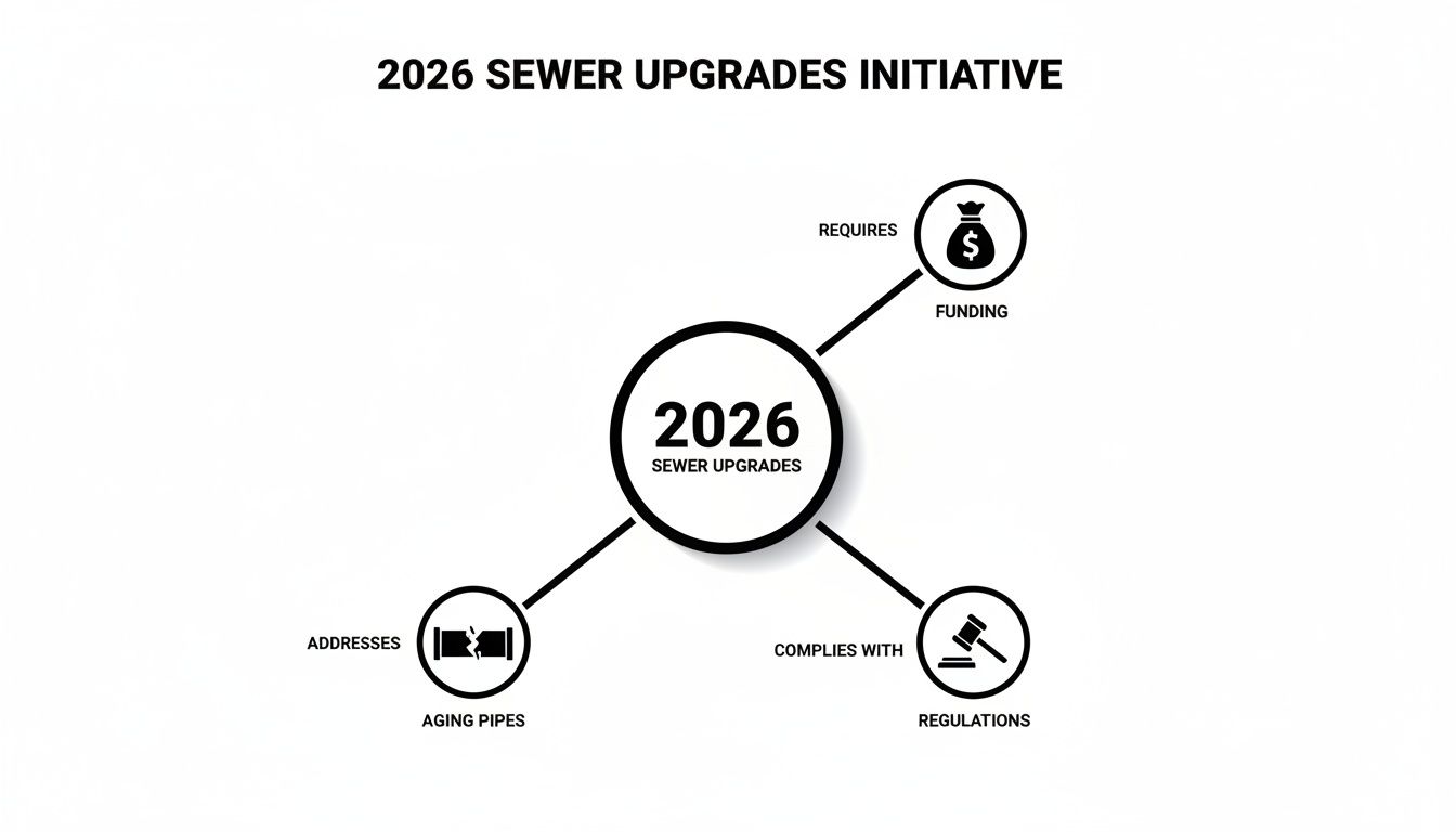 Diagram showing the 2026 sewer upgrades initiative, requiring funding, addressing aging pipes, and complying with regulations.