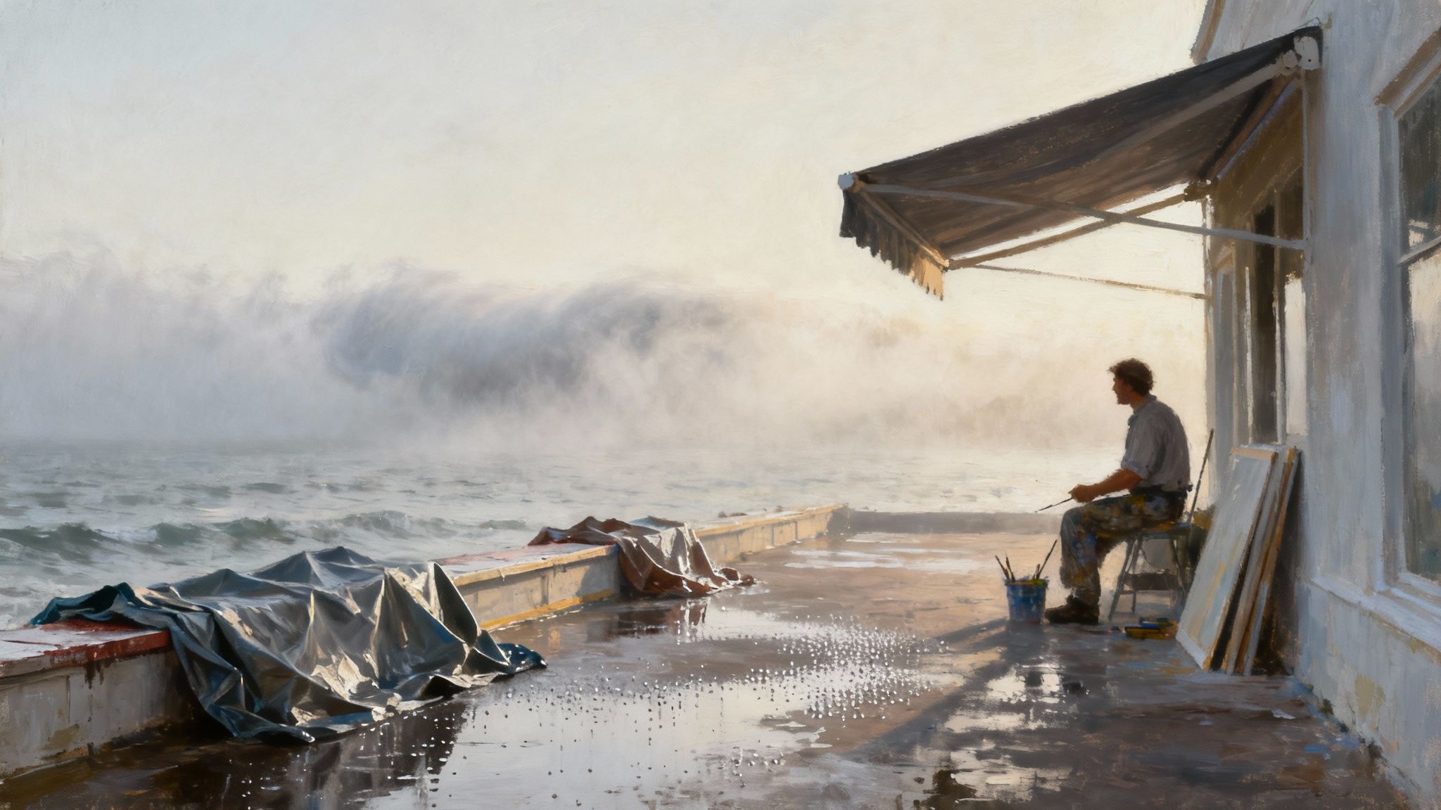An artist sits under an awning, painting by a misty, wavy sea with a wet dock.