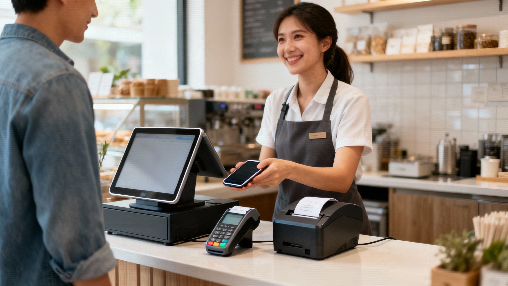 Woman using a credit card terminal at a retail counter to make a contactless payment.