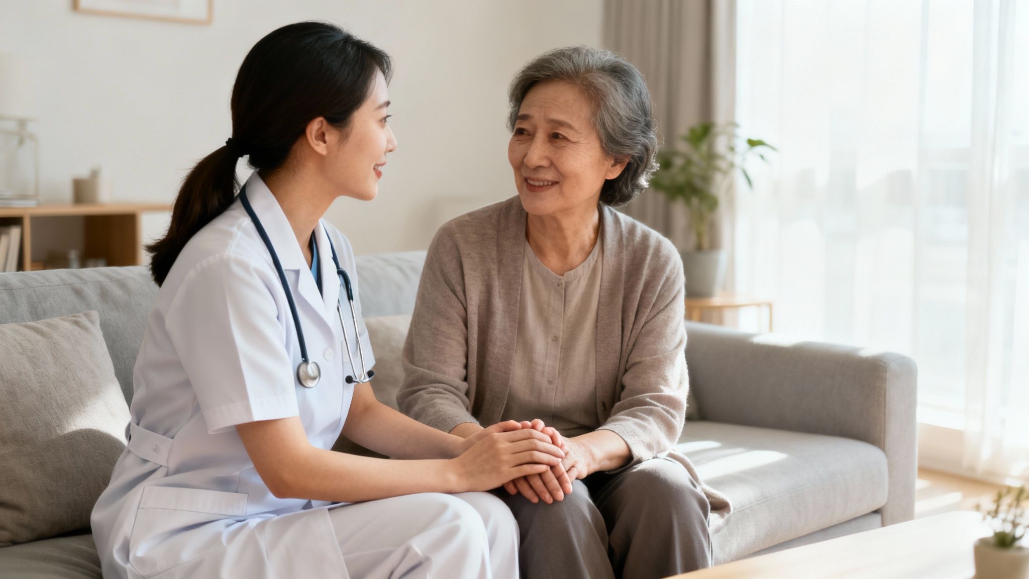 A young nurse holding hands and smiling with an elderly woman on a couch in a sunlit room.