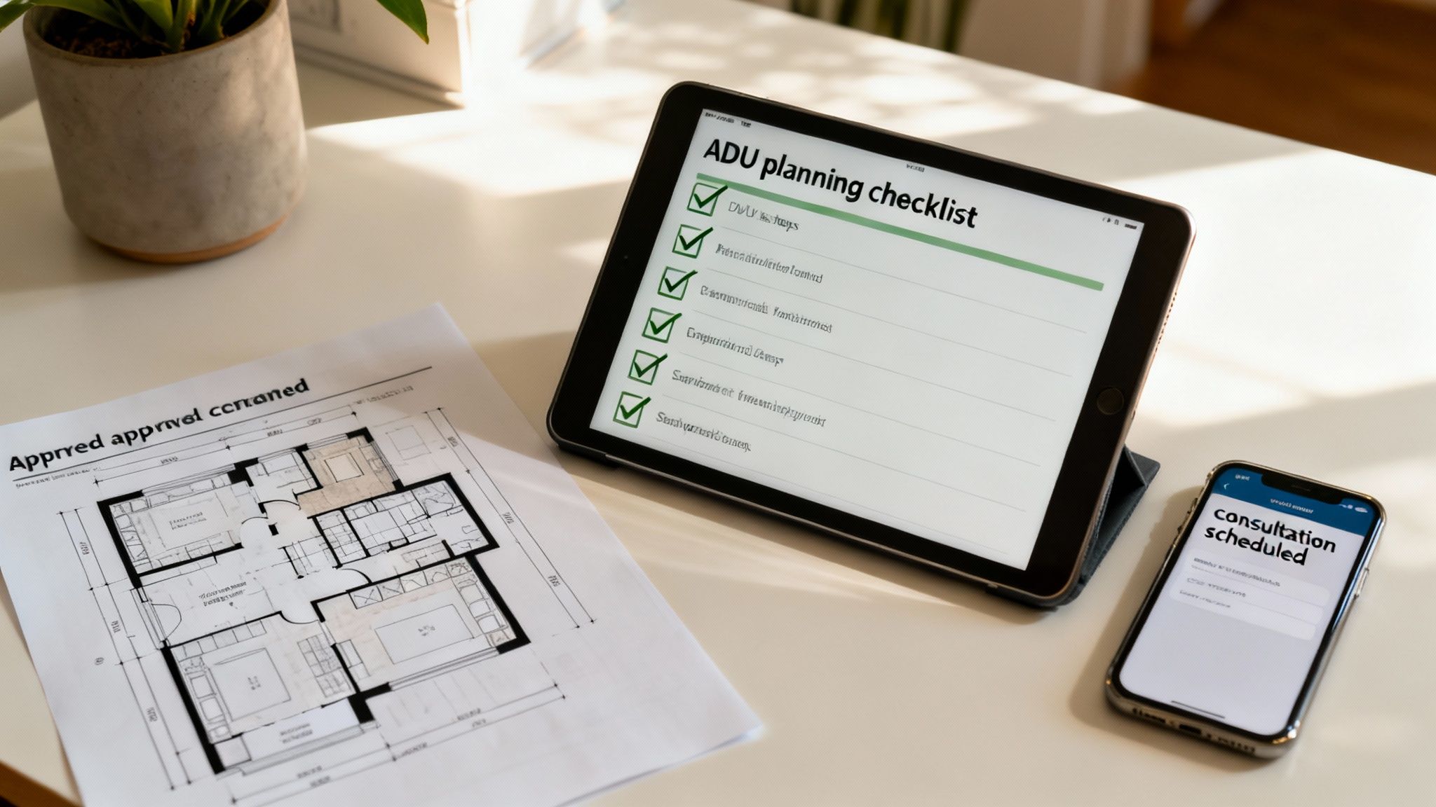 A tablet displays an ADU planning checklist, next to a blueprint and a smartphone with a scheduled consultation.
