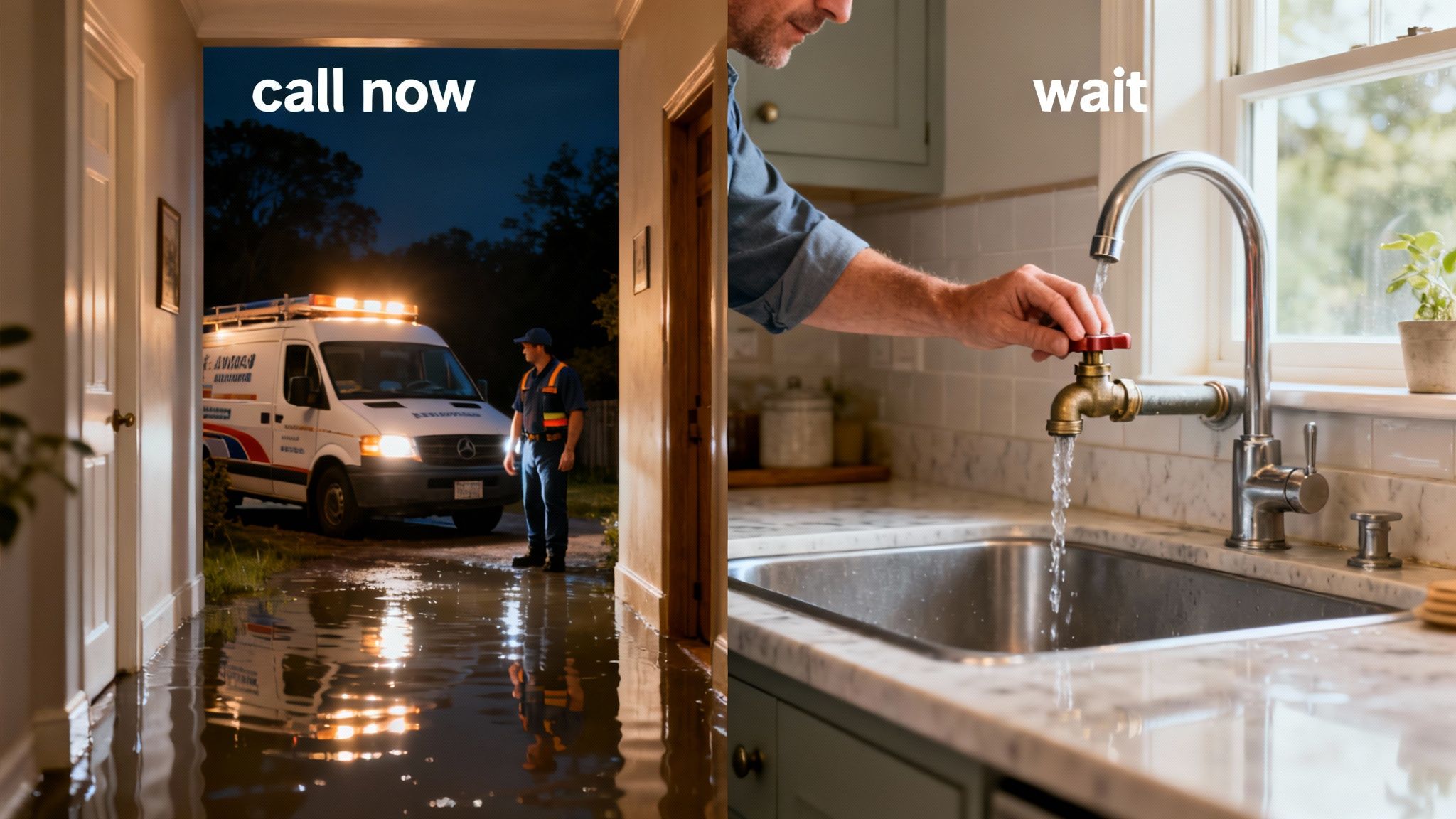 The Truth About Emergency Plumbing Costs Most Providers Don’t Explain 3 Split image shows a flooded home exterior with a plumber, and a hand turning a kitchen faucet.