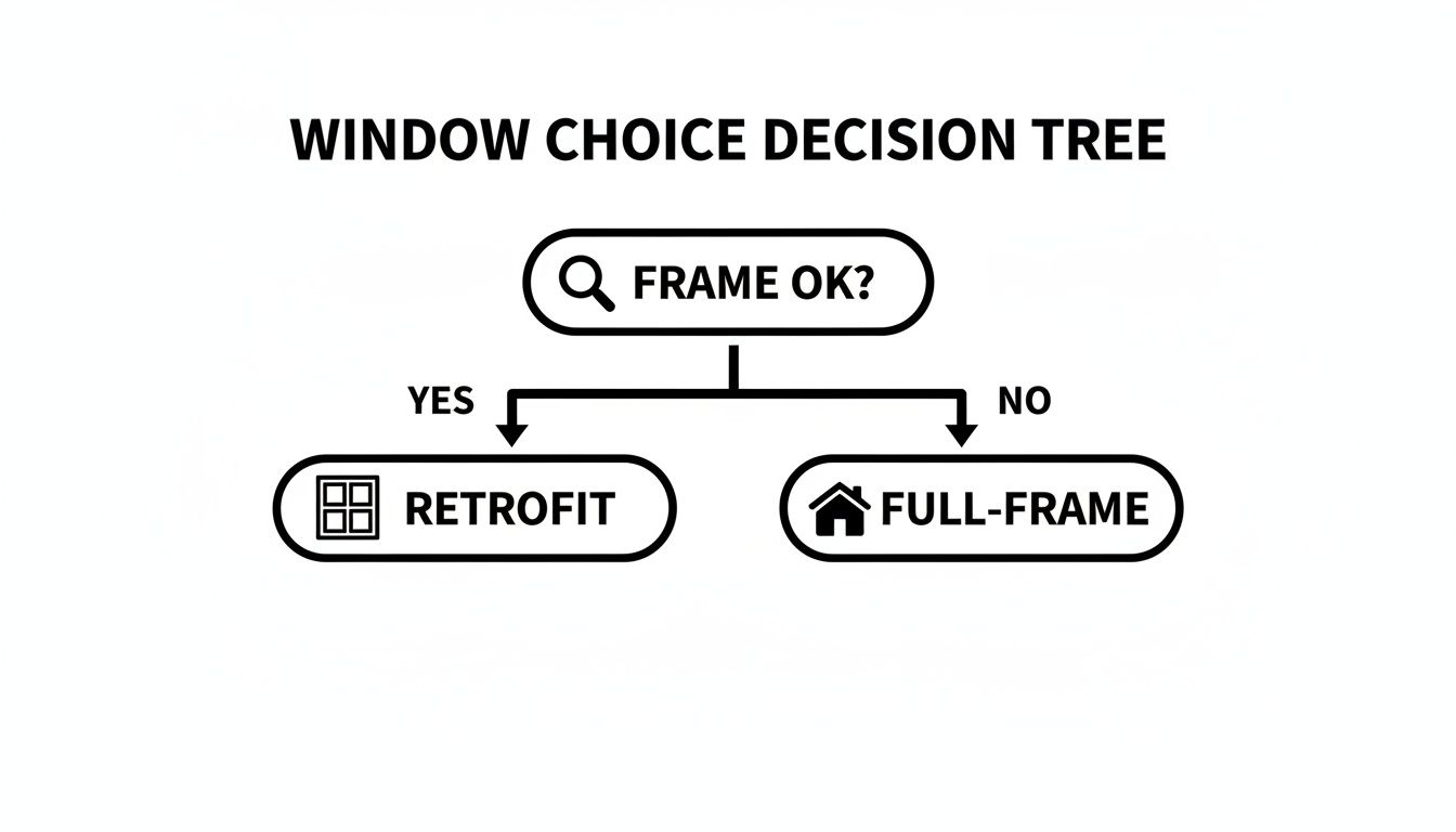Decision tree illustrating window choice: Is the frame OK? Yes, choose retrofit. No, choose full-frame.
