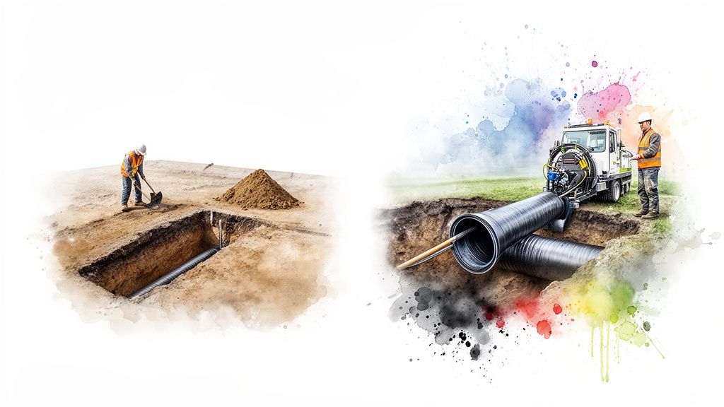 Construction workers installing new underground pipes in a trench.