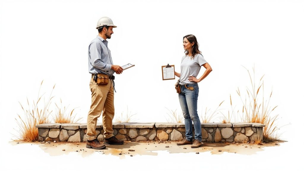 Two individuals in work attire, a man and a woman, inspecting documents on a job site.