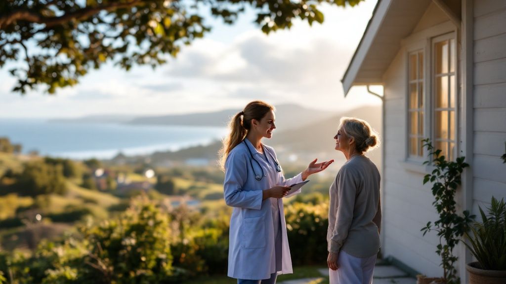 A compassionate Central Coast VNA & Hospice clinician supports an elderly patient in their home, demonstrating years of trusted care.