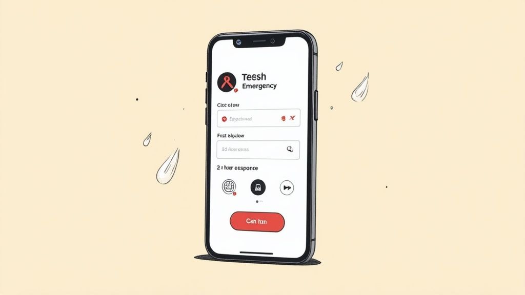 A smartphone displays a 'Tessh Emergency' app with text fields, icons, and a red button, set against a rainy backdrop.
