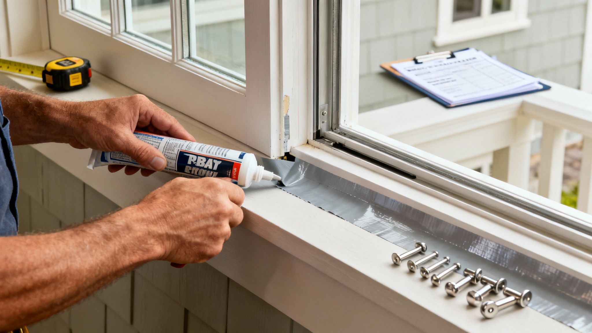 A professional installer carefully fitting a new window into the frame of a coastal home.