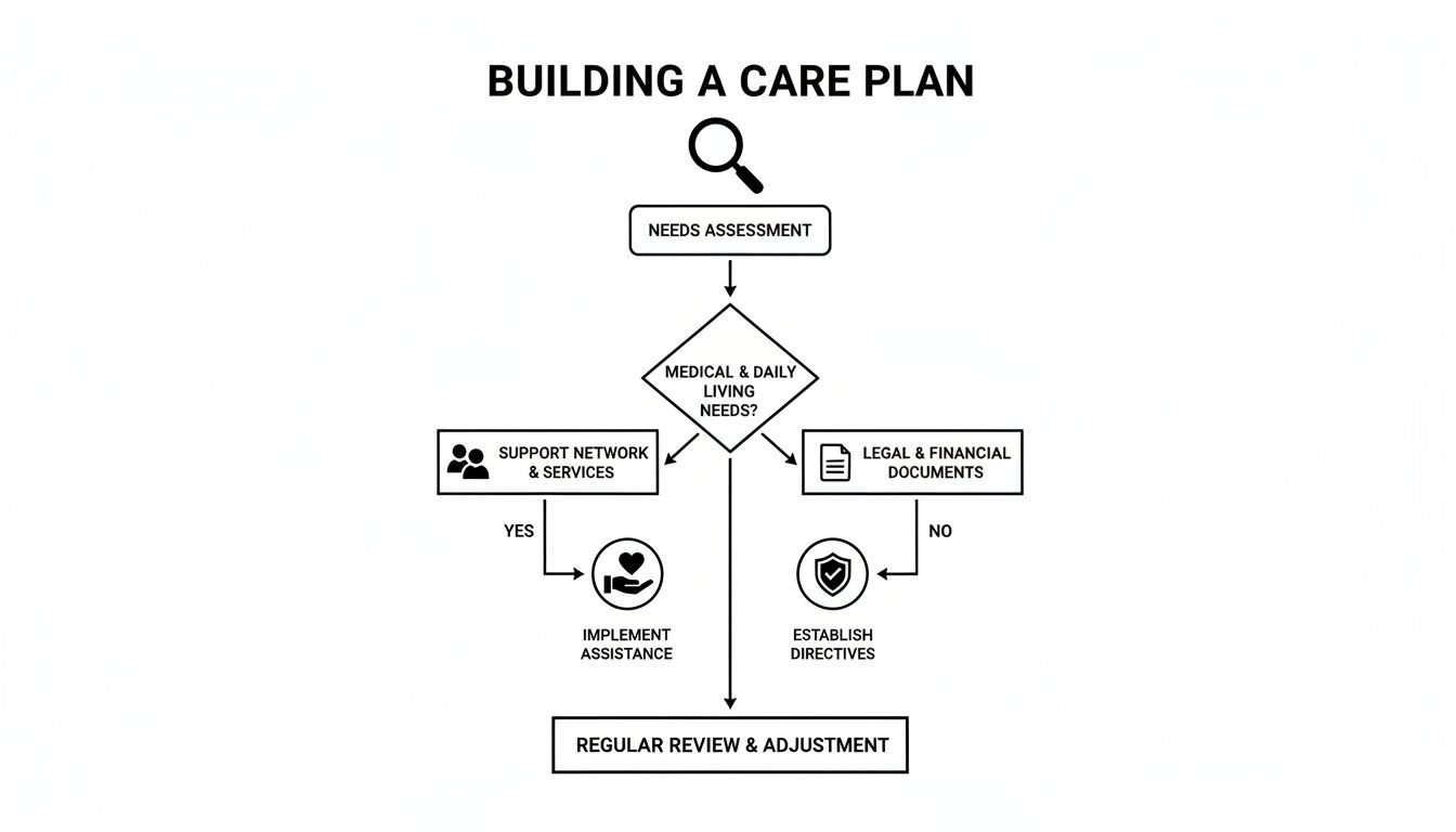 Flowchart detailing the steps for building a care plan, from assessment to review.