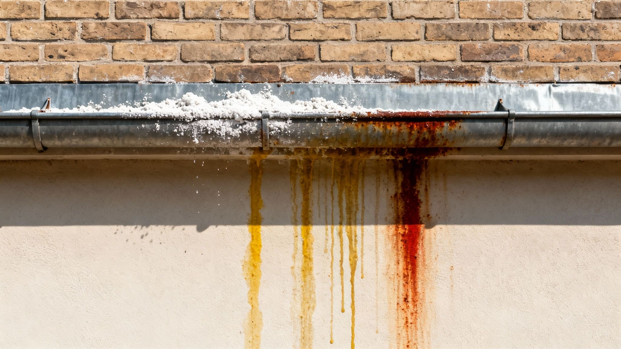 A corroded metal gutter overflowing with white residue, with rust and yellow streaks staining a wall below.