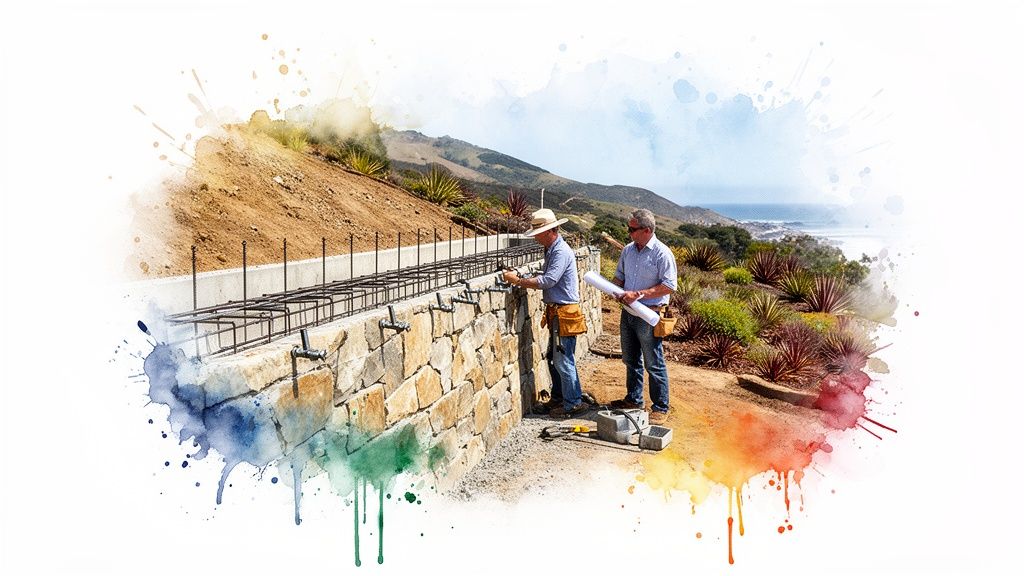 Two men, one working on rebar and another holding blueprints, building a stone wall.
