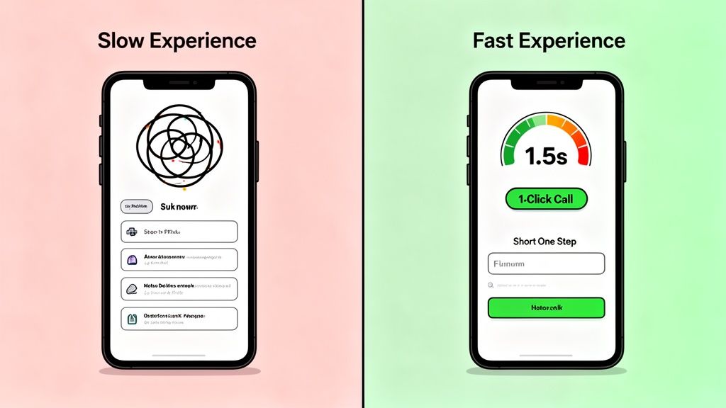 Two smartphones compare a slow, complex user experience with a fast, simplified 1-click call interface.