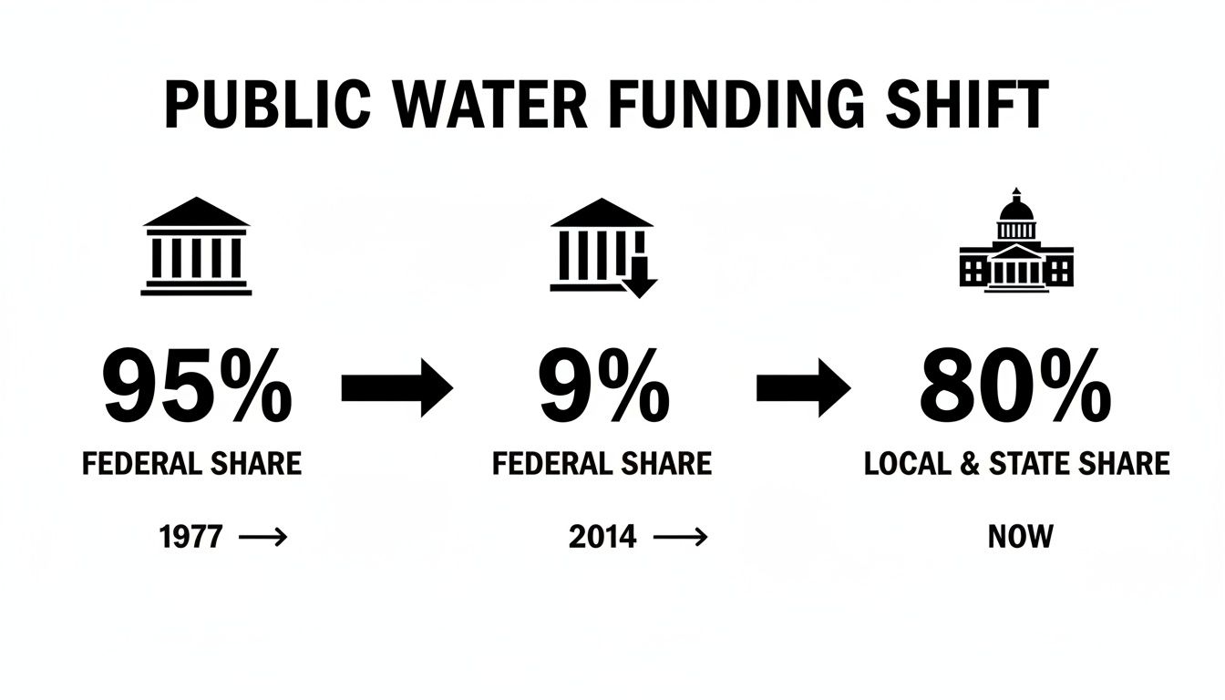 Timeline illustrating public water funding shift: 95% federal in 1977 to 80% local/state now.