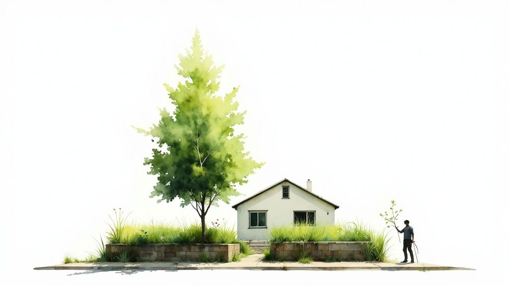 Watercolor illustration of a house with a large green tree and a person planting.