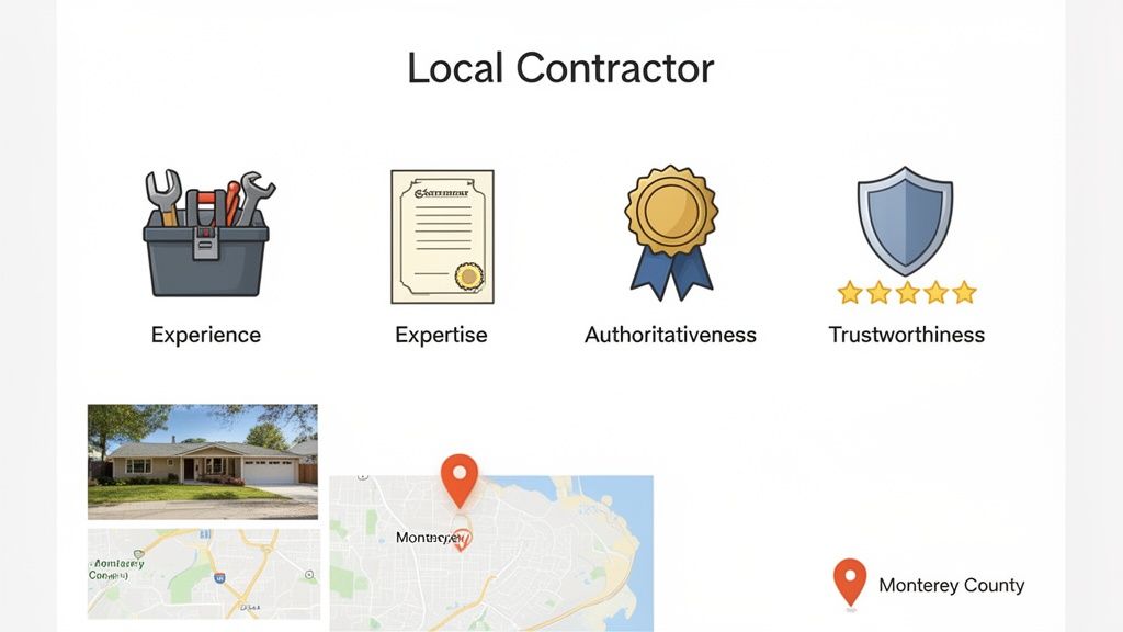 Visual representation of qualities for a local contractor: experience, expertise, authoritativeness, and trustworthiness, with location context.