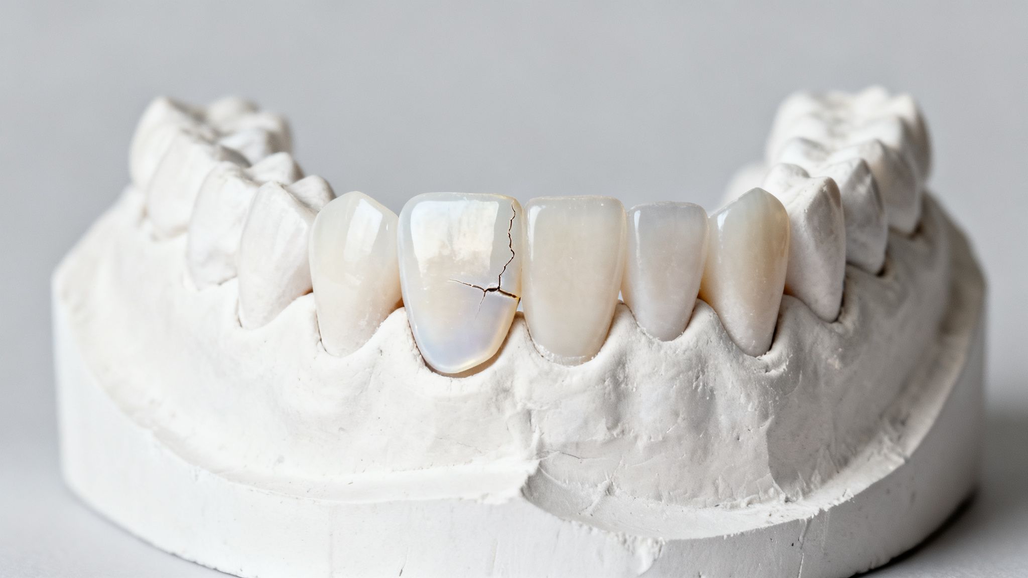 Plaster dental model displaying a cracked veneer on a front tooth against a gray background.
