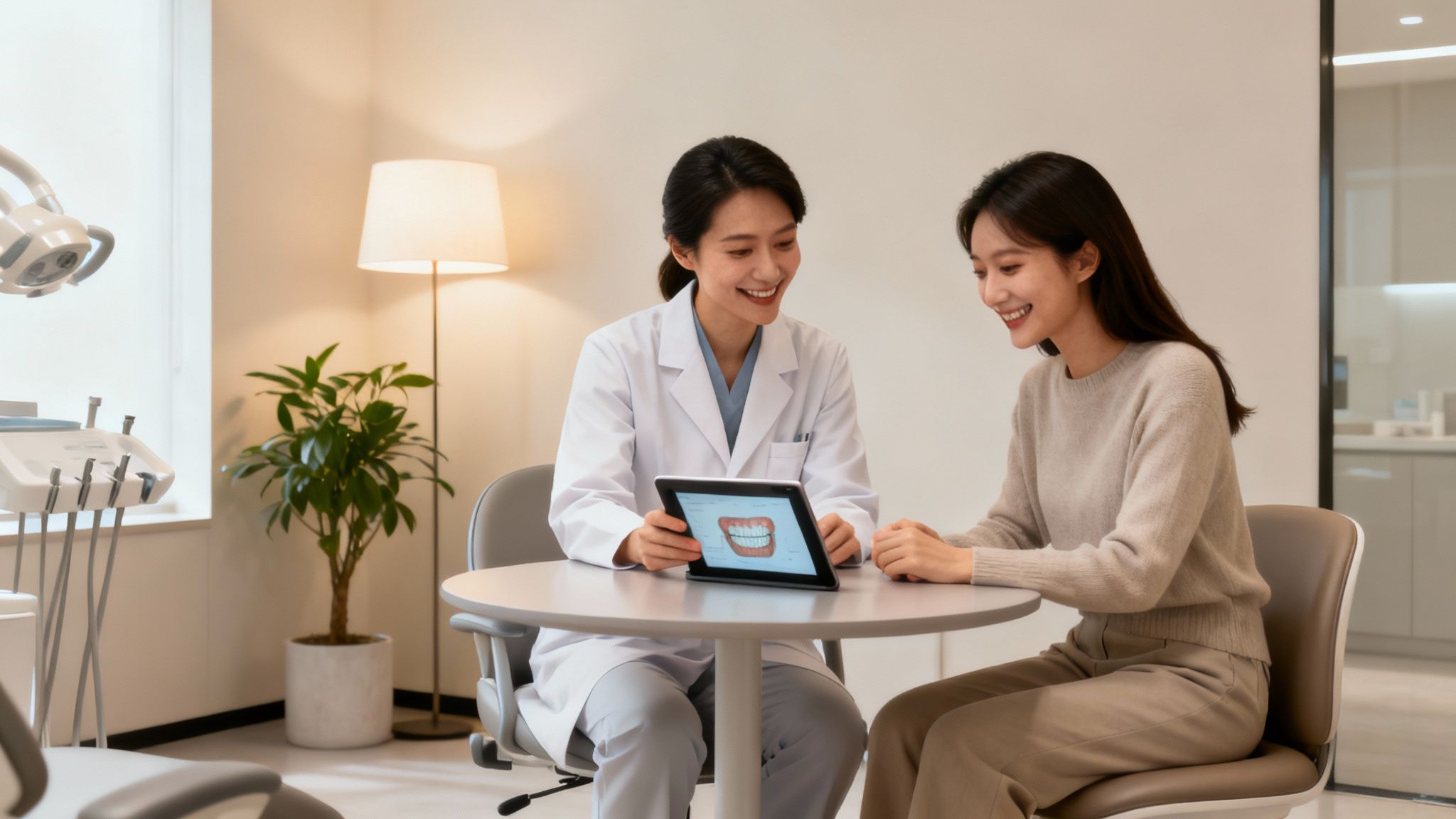 A smiling female dentist shows a patient a digital teeth model on a tablet in a clinic.