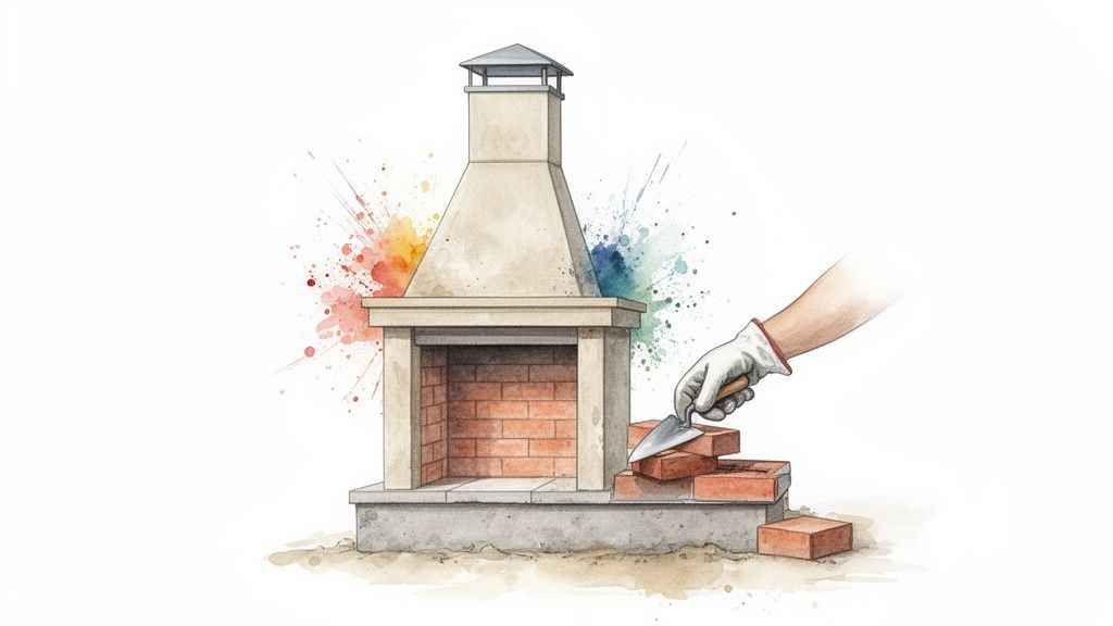 Watercolor illustration of a hand in a glove laying bricks for an outdoor fireplace with a trowel, surrounded by colorful paint splashes.