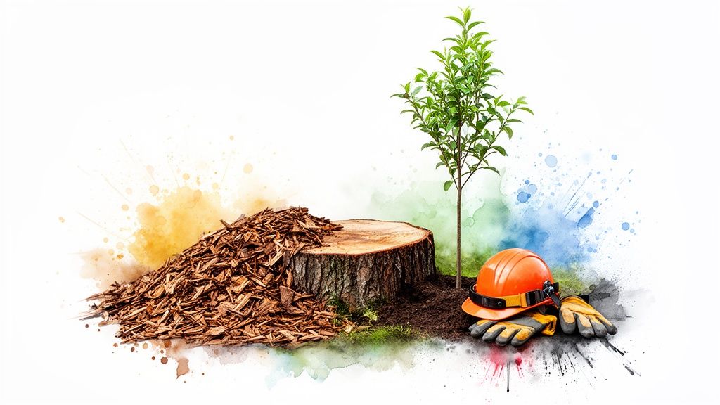 A tree stump, a pile of wood chips, a new sapling, and forestry tools on a vibrant watercolor background.