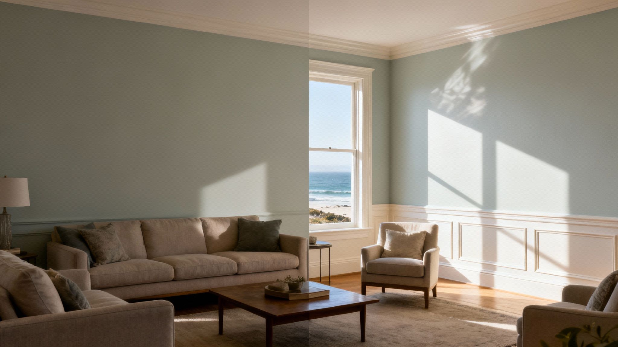 A bright living room with light blue-green walls, beige furniture, a wooden table, and an ocean view.